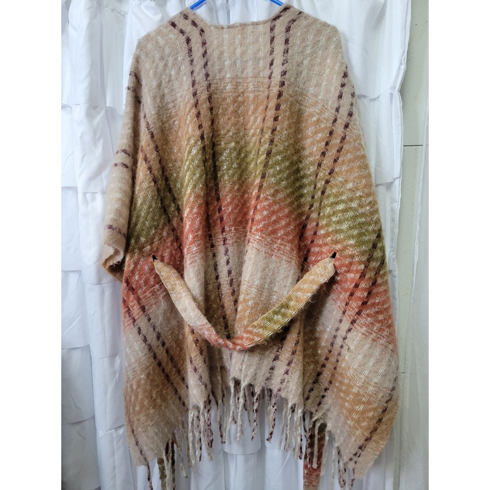 Cato Plaid Poncho Wrap Shawl Tan Orange Green Fringed Belted One Size OS 1608 - Picture 2 of 4